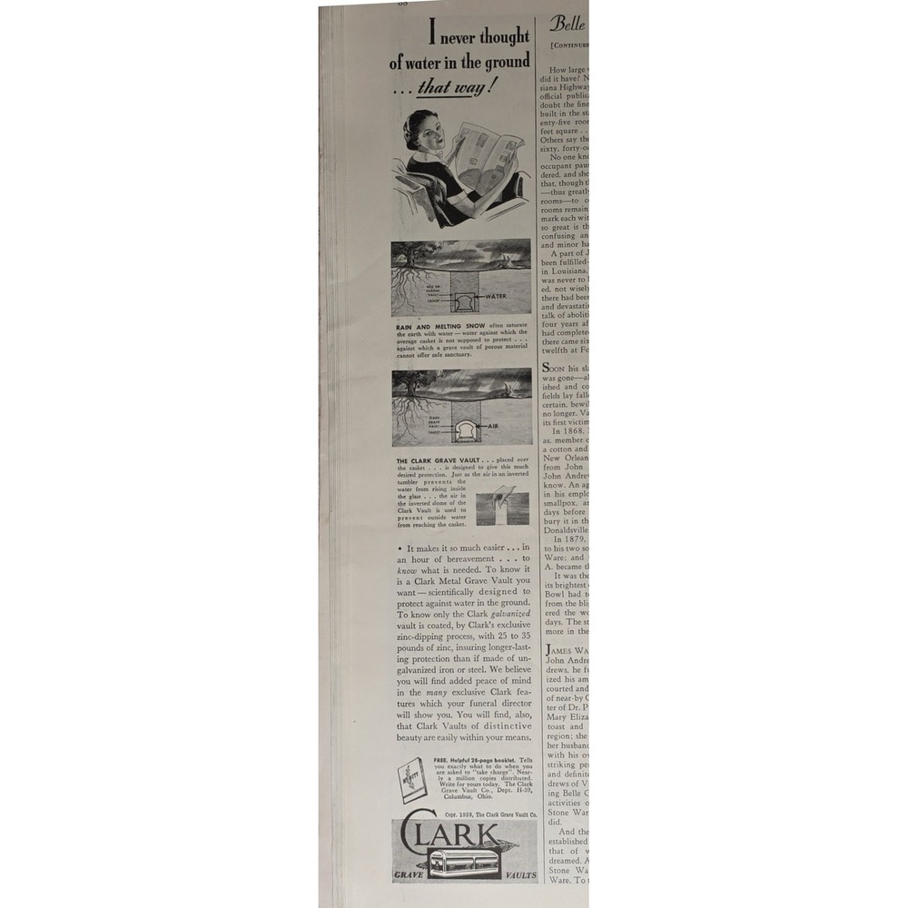 1939 Clark Metal Grave Vault Antique Print Advertisement Funeral Print Ad